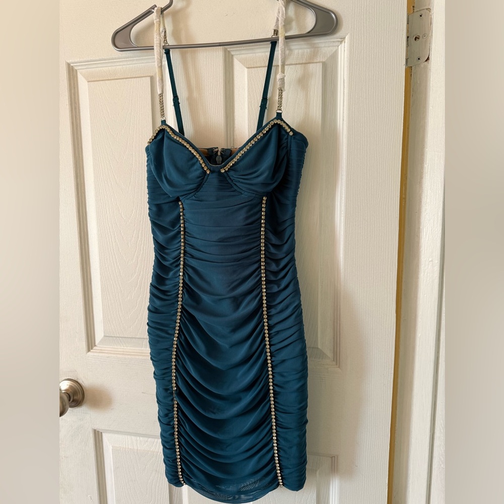 Fashion Nova Teal Ruched Bodycon Dress with Rhinestone Trim